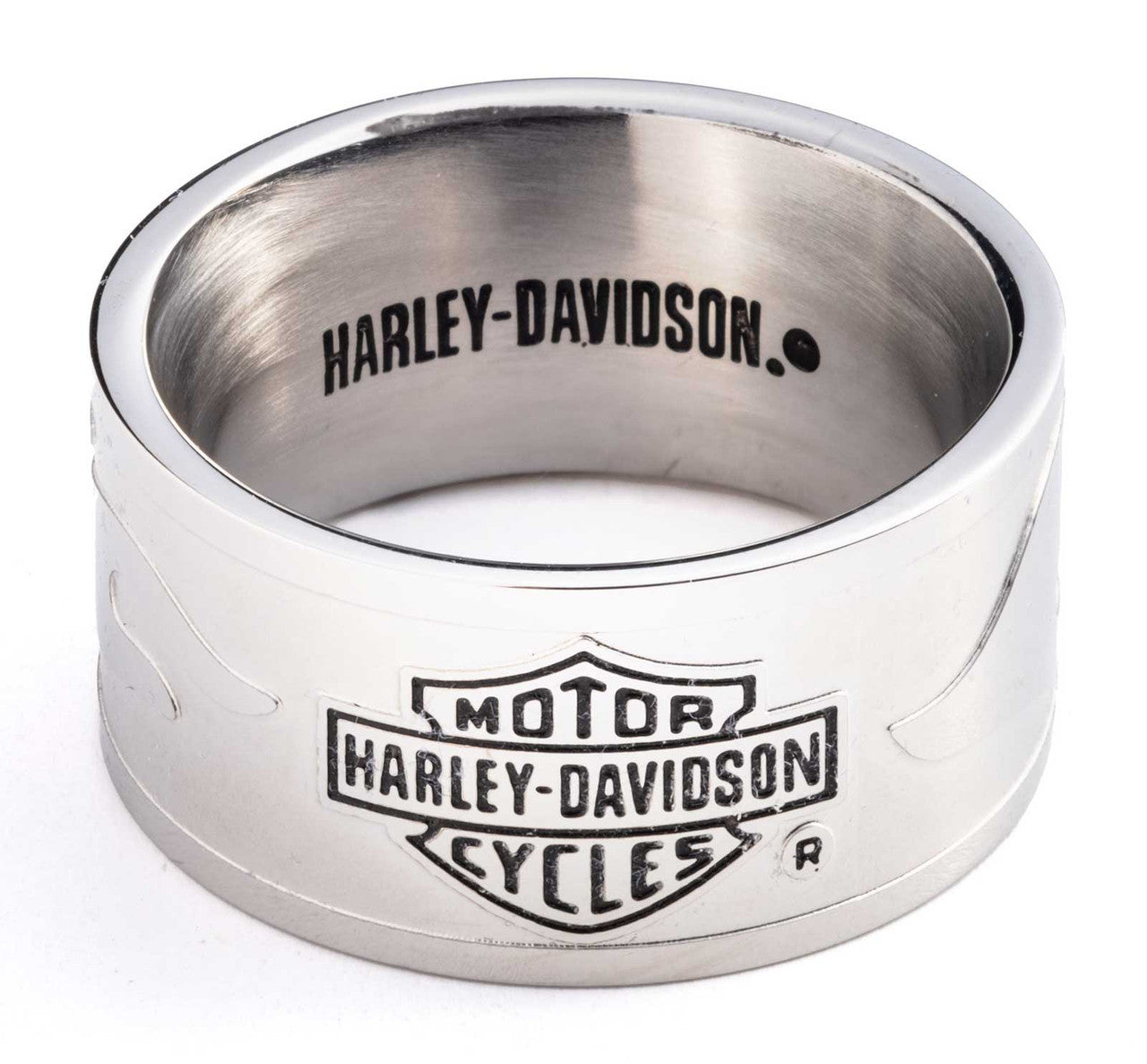 Harley-Davidson® Men's Bar & Shield Raised Flame Band Ring, Stainless Steel