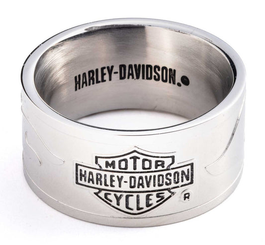 Harley-Davidson® Men's Bar & Shield Raised Flame Band Ring, Stainless Steel