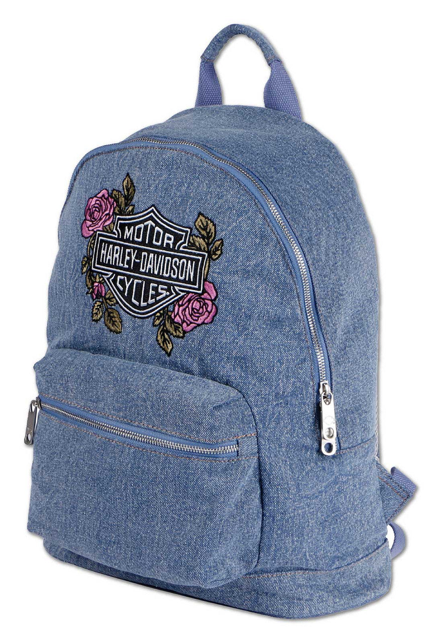 HARLEY-DAVIDSON® WOMENS EMBROIDED BAR & SHIELD ROSE DENIM BACKPACK