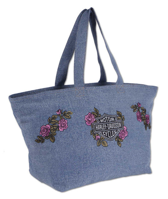 HARLEY-DAVIDSON® WOMENS EMBROIDERED BAR & SHIELD DENIM OVERNIGHT TOTE BAG