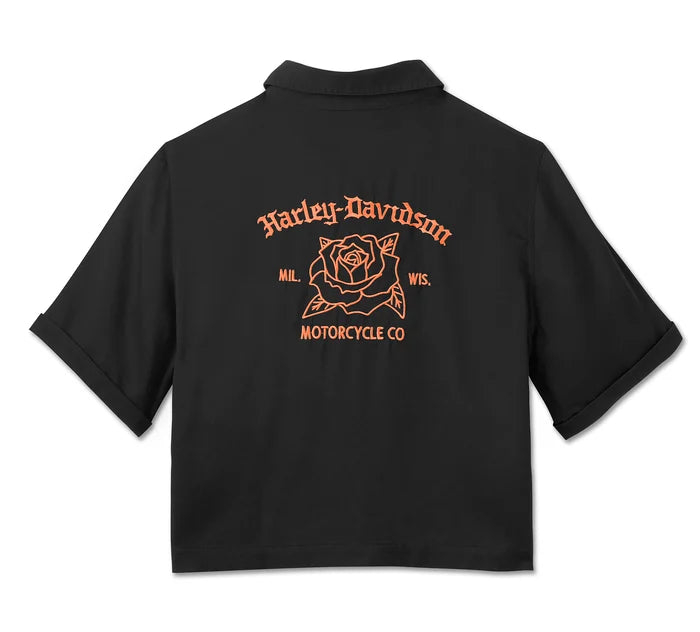 HARLEY-DAVIDSON® WOMENS OLD ENGLISH ROSE CROPPED SHORT SLEEVE SHIRT