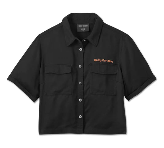 HARLEY-DAVIDSON® WOMENS OLD ENGLISH ROSE CROPPED SHORT SLEEVE SHIRT