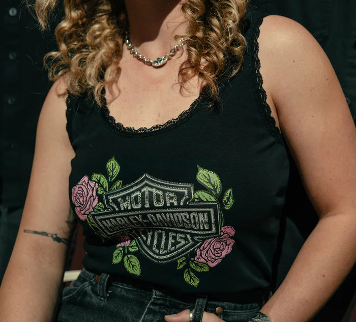HARLEY-DAVIDSON® WOMENS ROSE & THORN BLING LACE TANK TOP