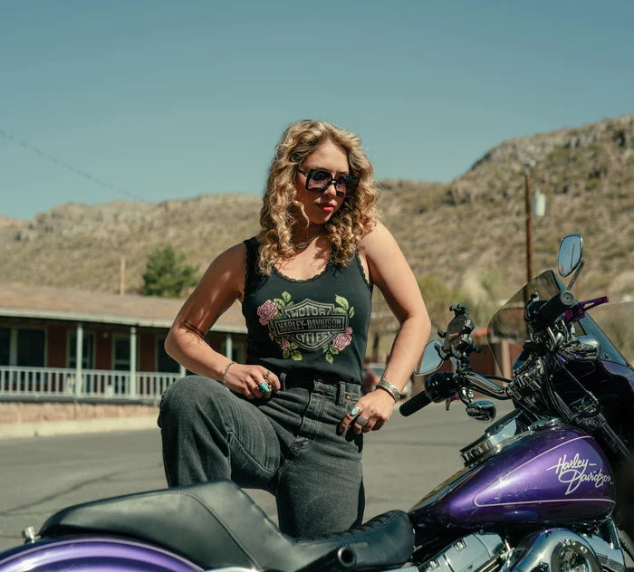HARLEY-DAVIDSON® WOMENS ROSE & THORN BLING LACE TANK TOP