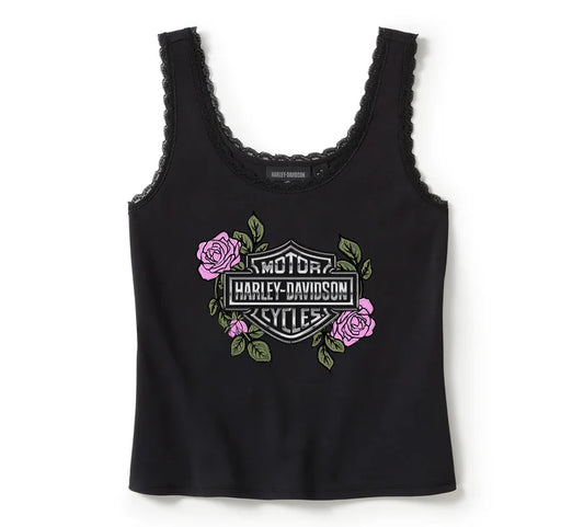 HARLEY-DAVIDSON® WOMENS ROSE & THORN BLING LACE TANK TOP