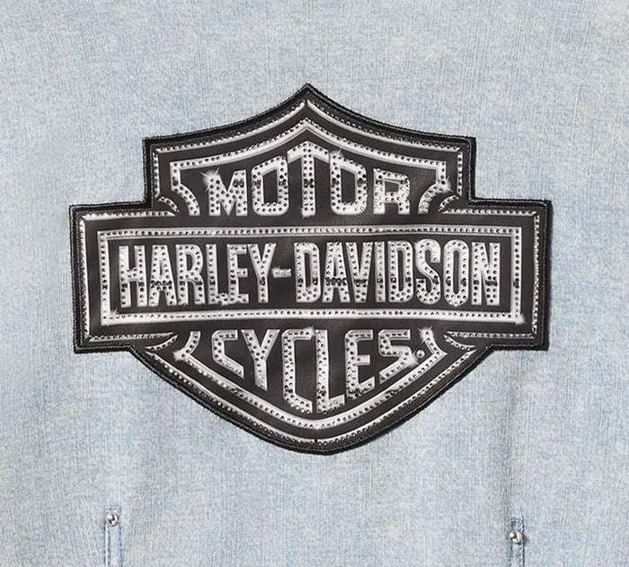 HARLEY-DAVIDSON® WOMENS ESSENTIAL BLING CHAMBRAY SHORT SLEEVE ZIP SHIRT