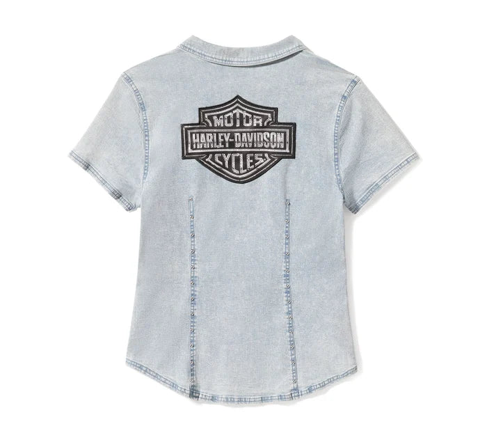 HARLEY-DAVIDSON® WOMENS ESSENTIAL BLING CHAMBRAY SHORT SLEEVE ZIP SHIRT