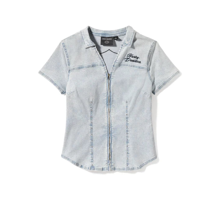 HARLEY-DAVIDSON® WOMENS ESSENTIAL BLING CHAMBRAY SHORT SLEEVE ZIP SHIRT