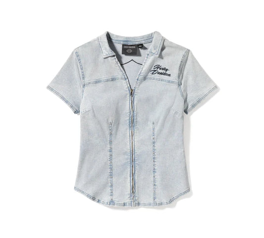 HARLEY-DAVIDSON® WOMENS ESSENTIAL BLING CHAMBRAY SHORT SLEEVE ZIP SHIRT