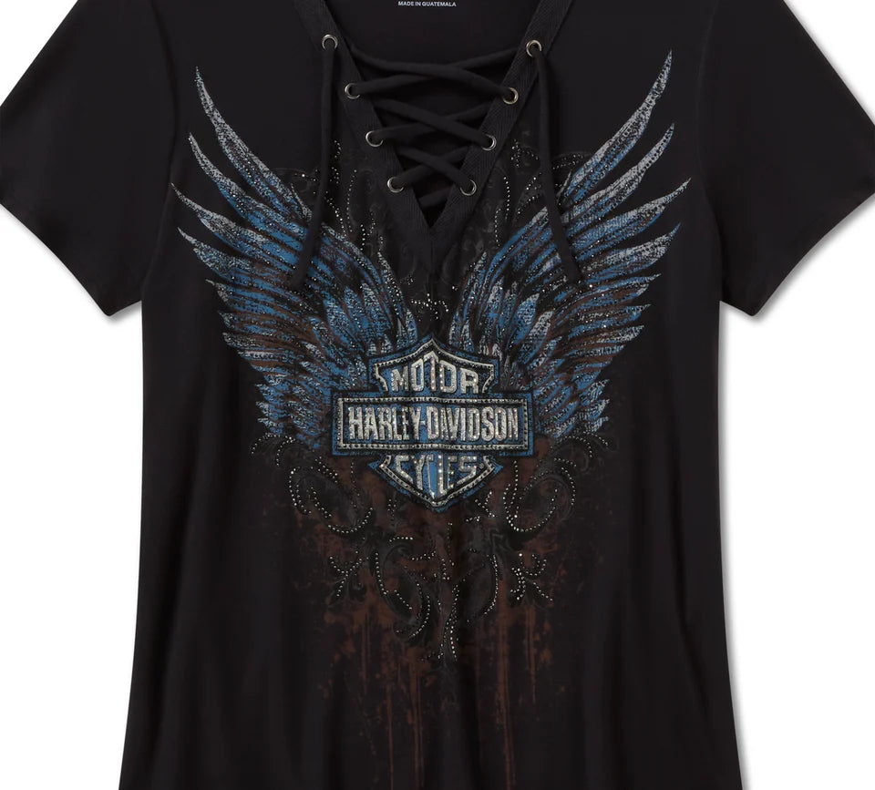 HARLEY-DAVIDSON® WOMENS BLING TEE LACE BLACK DRK ANGEL