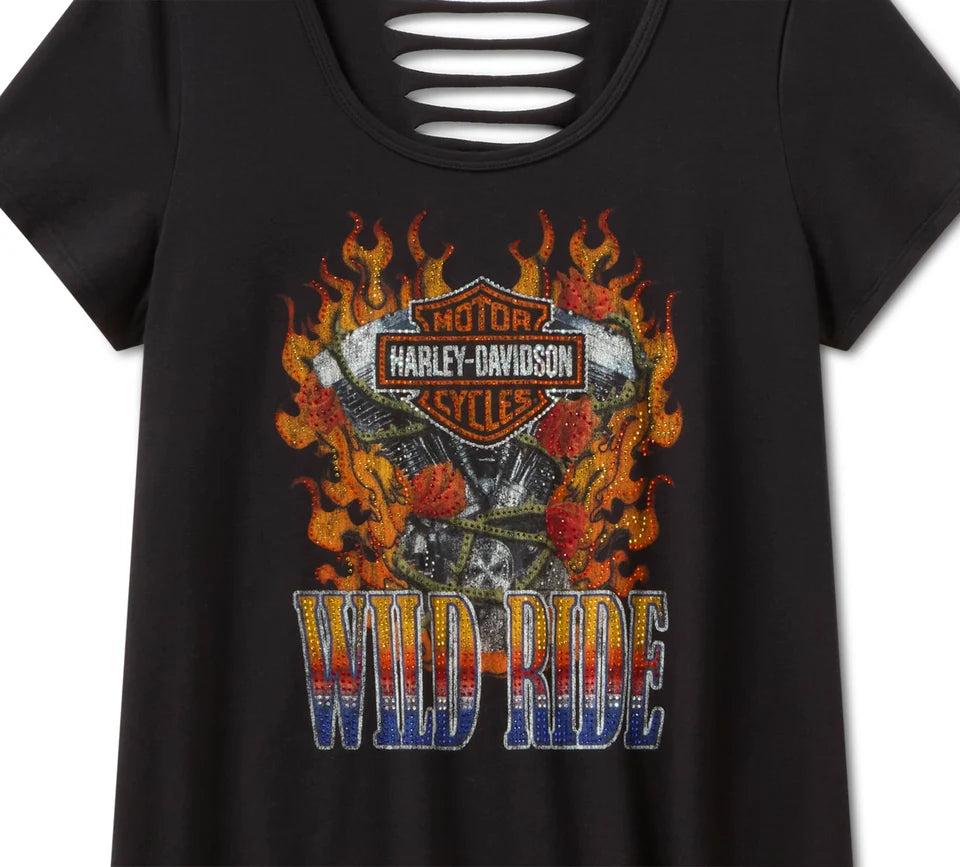HARLEY-DAVIDSON® WOMENS TEE KNIT BLING FLAMING IRON EAGLE BLK