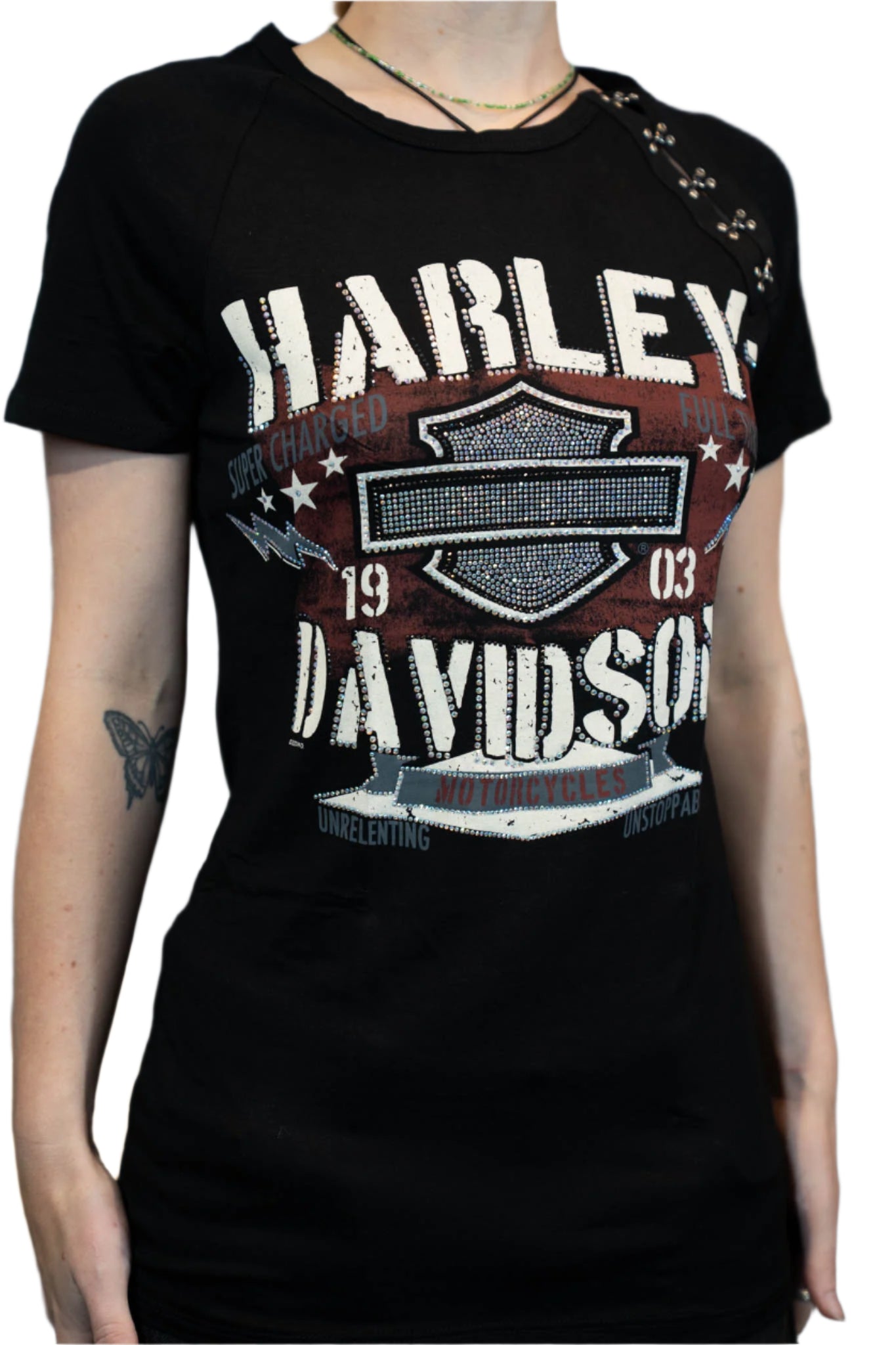 HARLEY-DAVIDSON® WOMENS CHARGED SHORT SLEEVE SCOOP NECK TOP