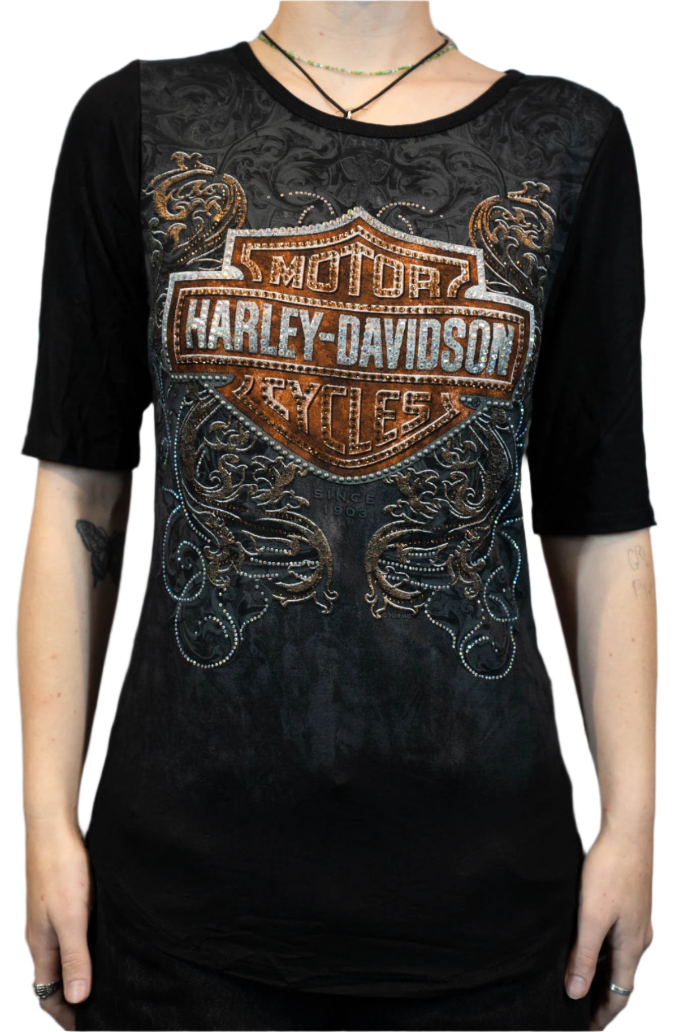 HARLEY-DAVIDSON® WOMENS ALCHEMY 3/4 SLEEVE SCOOP NECK TOP