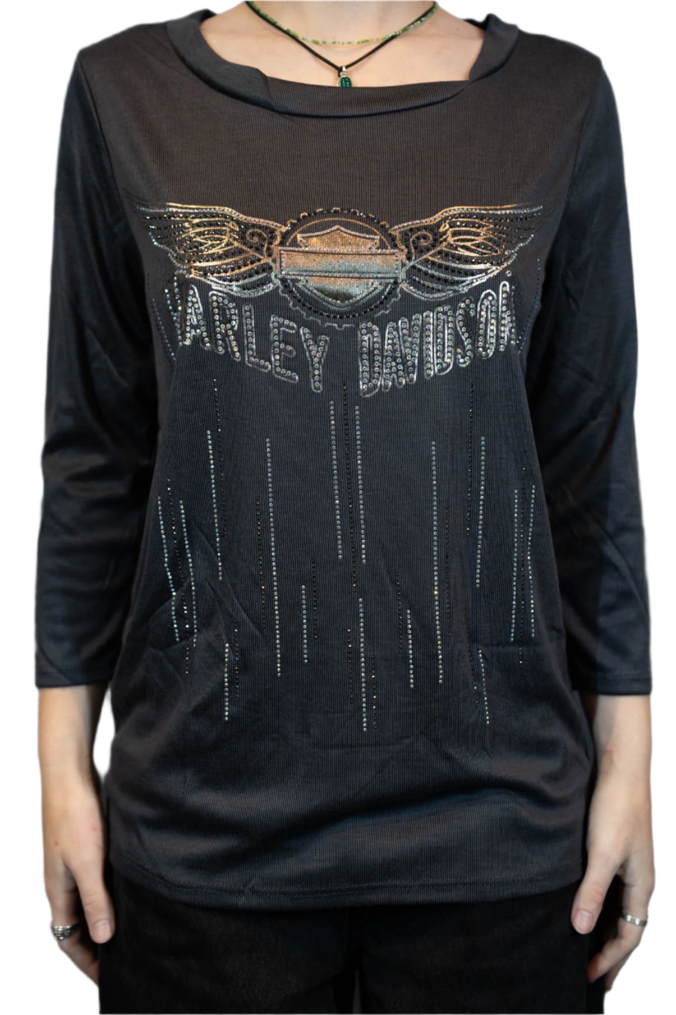 HARLEY-DAVIDSON® WOMENS GEAR OF A FEATHER 3/4 SLEEVE SCOOP NECK TOP