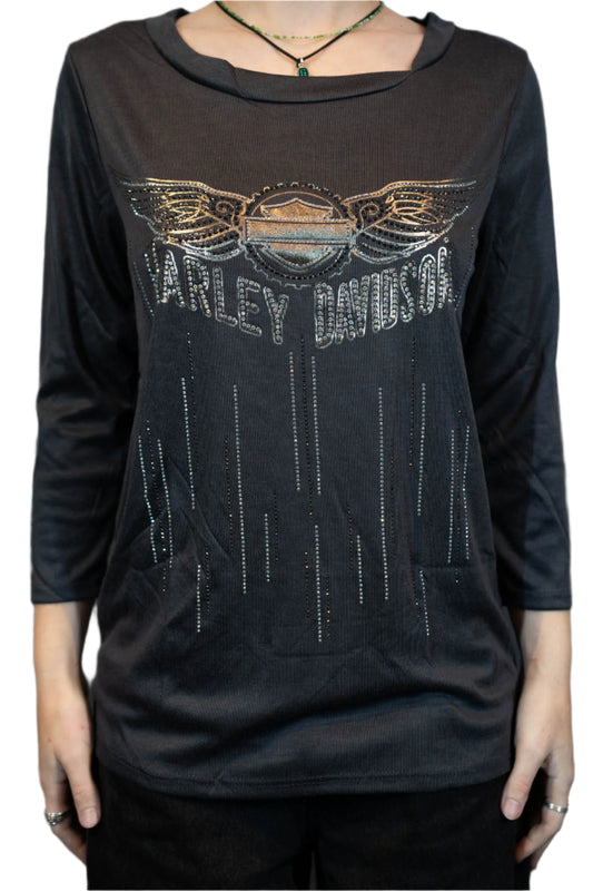 HARLEY-DAVIDSON® WOMENS GEAR OF A FEATHER 3/4 SLEEVE SCOOP NECK TOP