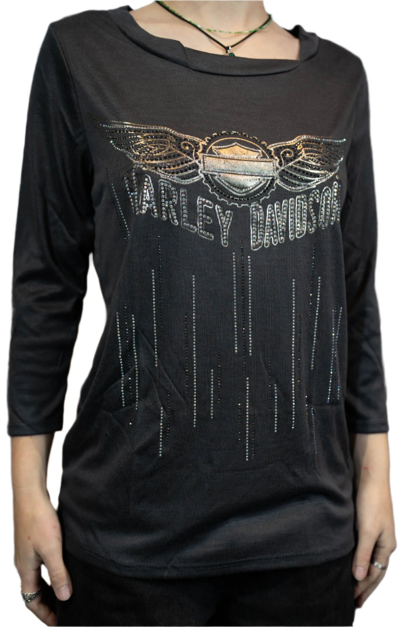 HARLEY-DAVIDSON® WOMENS GEAR OF A FEATHER 3/4 SLEEVE SCOOP NECK TOP
