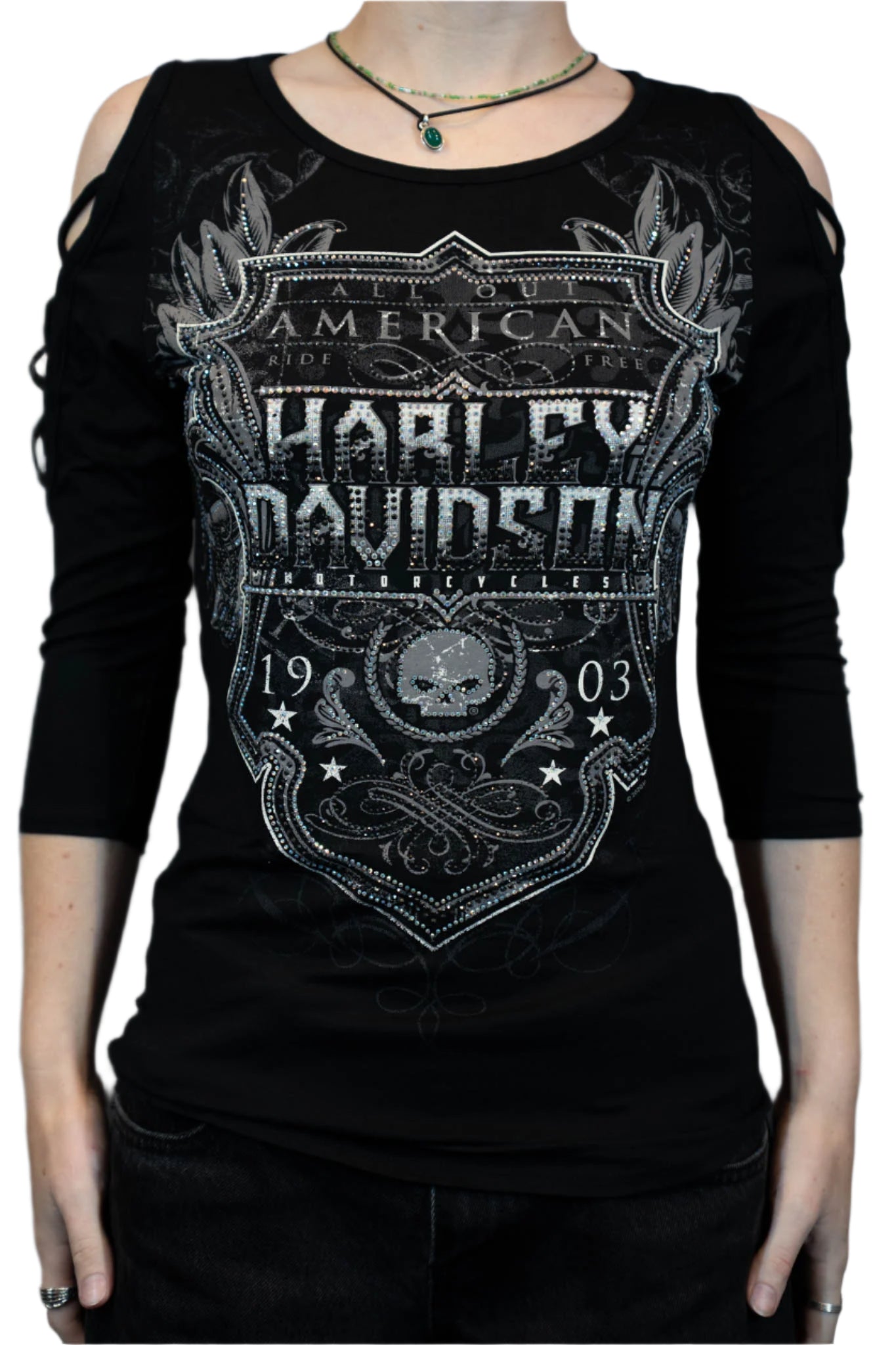 HARLEY-DAVIDSON® WOMENS SOUL SHIELD 3/4 SLEEVE SCOOP NECK TOP