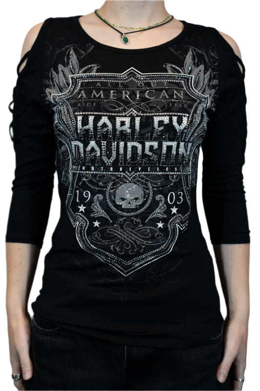 HARLEY-DAVIDSON® WOMENS SOUL SHIELD 3/4 SLEEVE SCOOP NECK TOP