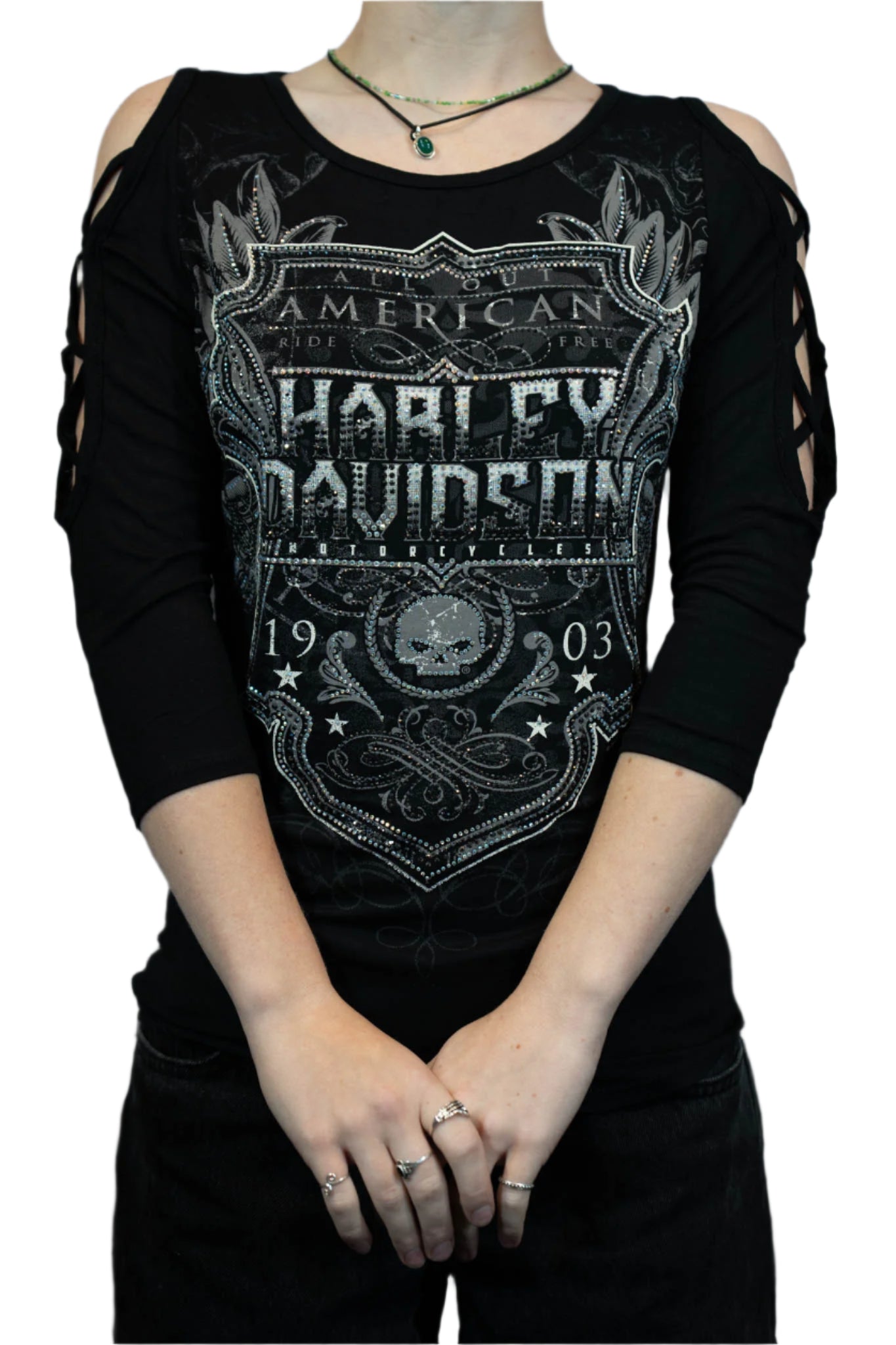 HARLEY-DAVIDSON® WOMENS SOUL SHIELD 3/4 SLEEVE SCOOP NECK TOP