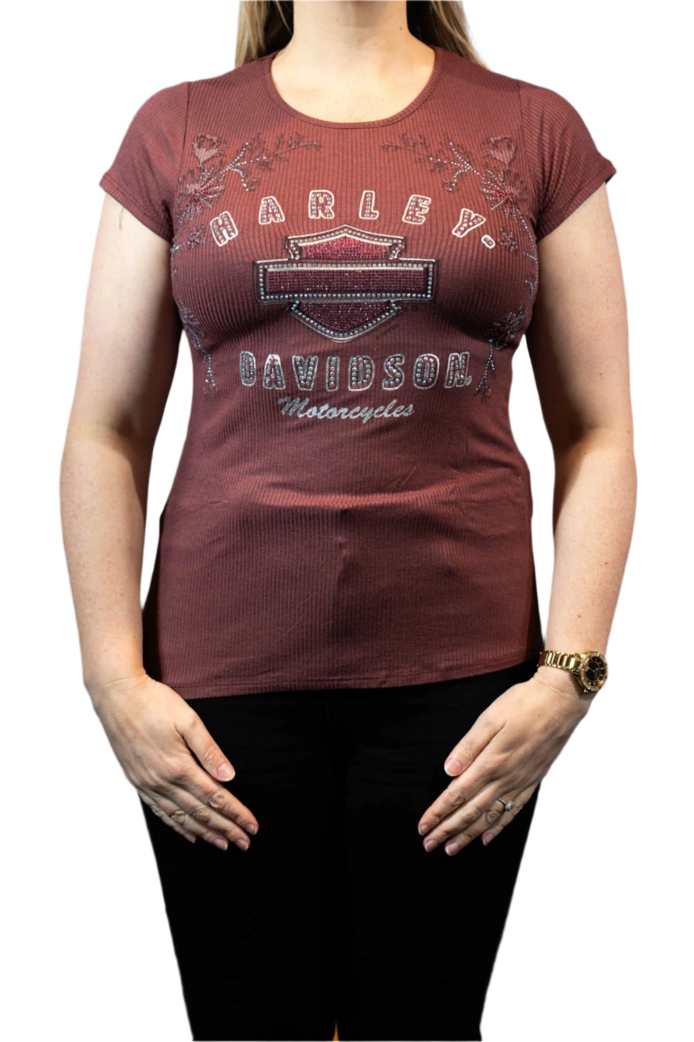 HARLEY-DAVIDSON® WOMENS TINTED FLORA SHORT SLEEVE SCOOP NECK TOP