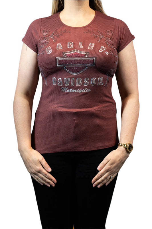 HARLEY-DAVIDSON® WOMENS TINTED FLORA SHORT SLEEVE SCOOP NECK TOP