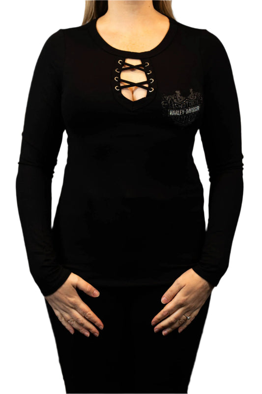 HARLEY-DAVIDSON® WOMENS STAKE TARTARIAN LONG SLEEVE SCOOP NECK TOP