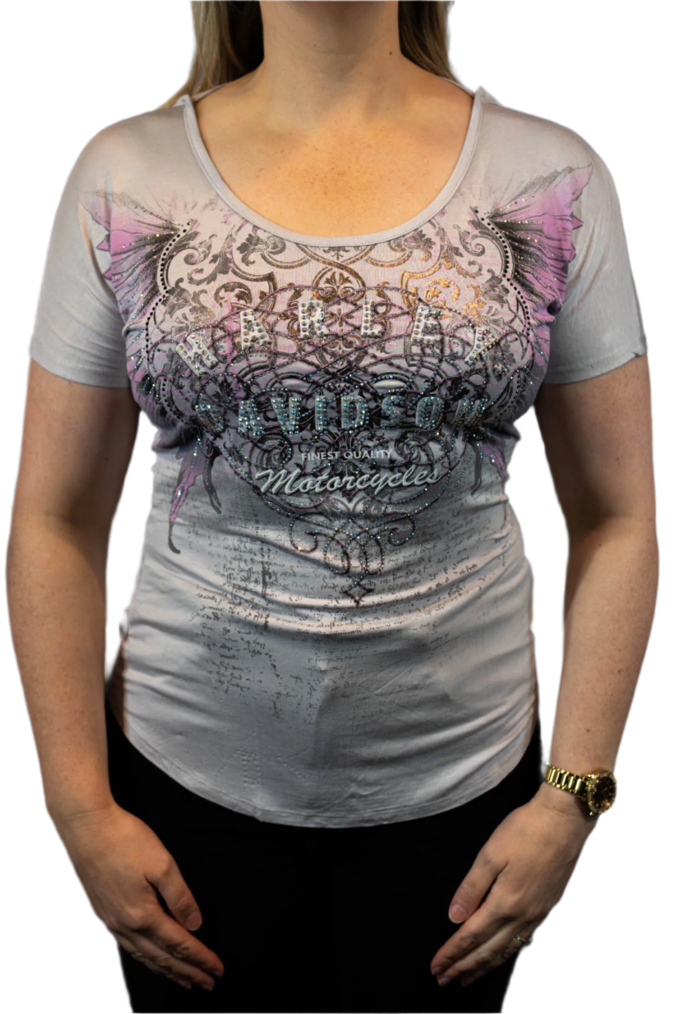 HARLEY-DAVIDSON® WOMENS DOTTED & DASH SHORT SLEEVE SCOOP NECK TOP