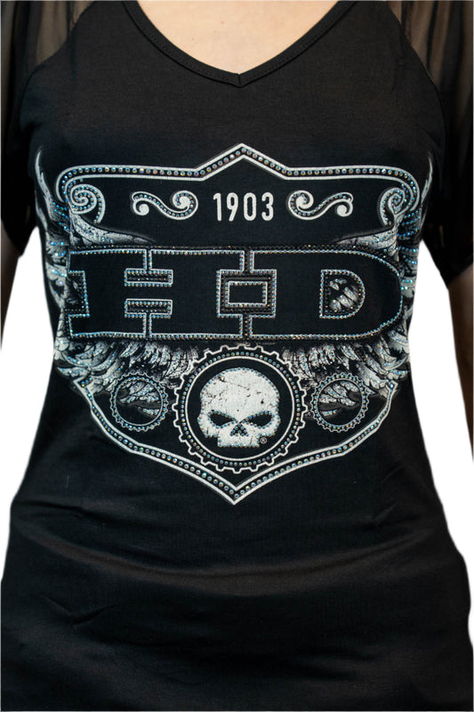 HARLEY-DAVIDSON® WOMENS MIGHTY FEATHERS SHORT SLEEVE V-NECK TOP