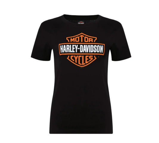 HARLEY-DAVIDSON® WOMENS BAR & SHIELD ORANGE ON BLACK TEE