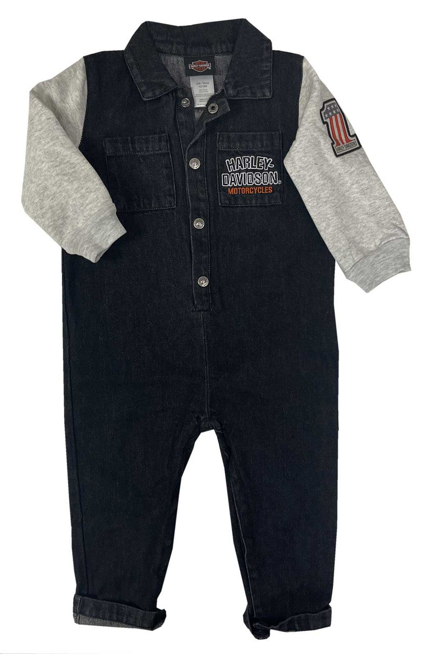 HARLEY-DAVIDSON® BABY BOYS BAR & SHIELD DENIM INFANT WORK SHOP COVERALLS