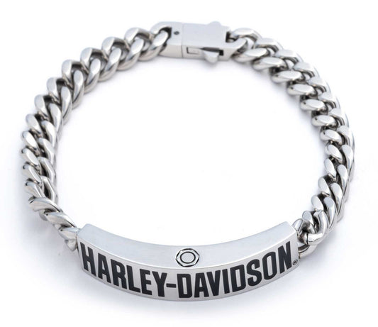 HARLEY-DAVIDSON® MENS 9in HD LOGO  CURB CHAIN FLEX-SILVER BRACELET
