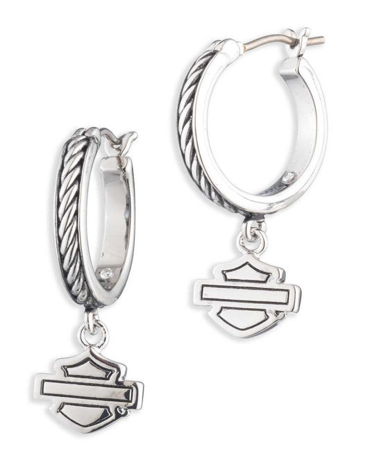 Harley-Davidson® Women's Bar & Shield Mini Charms Drop Hoop Earrings - Silver