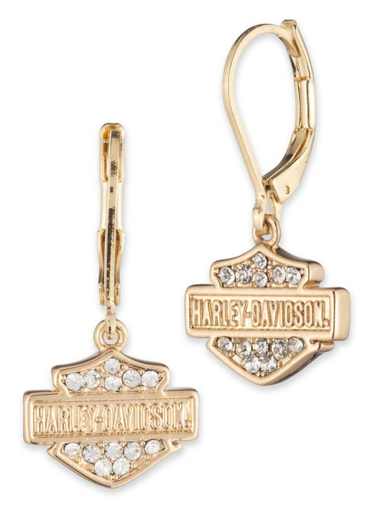 Harley-Davidson® Women's Bar & Shield Logo Crystal Drop Earrings, Gold Plated