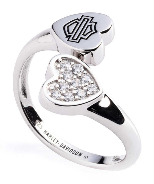 Harley-Davidson® Women's Bar & Shield Crystal Heart Twist Ring, Sterling Silver