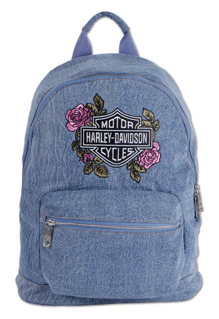HARLEY-DAVIDSON® WOMENS EMBROIDED BAR & SHIELD ROSE DENIM BACKPACK