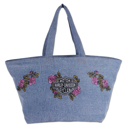 HARLEY-DAVIDSON® WOMENS EMBROIDERED BAR & SHIELD DENIM OVERNIGHT TOTE BAG
