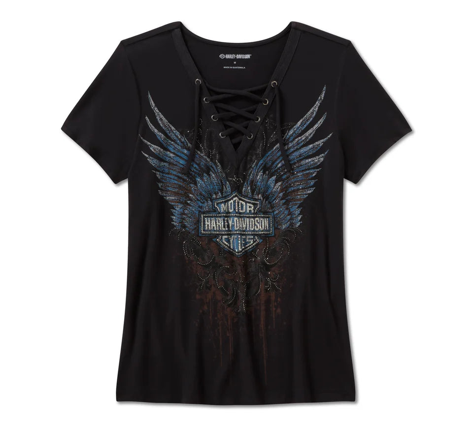 HARLEY-DAVIDSON® WOMENS BLING TEE LACE BLACK DRK ANGEL