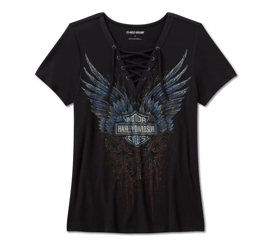 HARLEY-DAVIDSON® WOMENS BLING TEE LACE BLACK DRK ANGEL