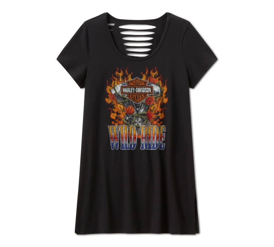 HARLEY-DAVIDSON® WOMENS TEE KNIT BLING FLAMING IRON EAGLE BLK
