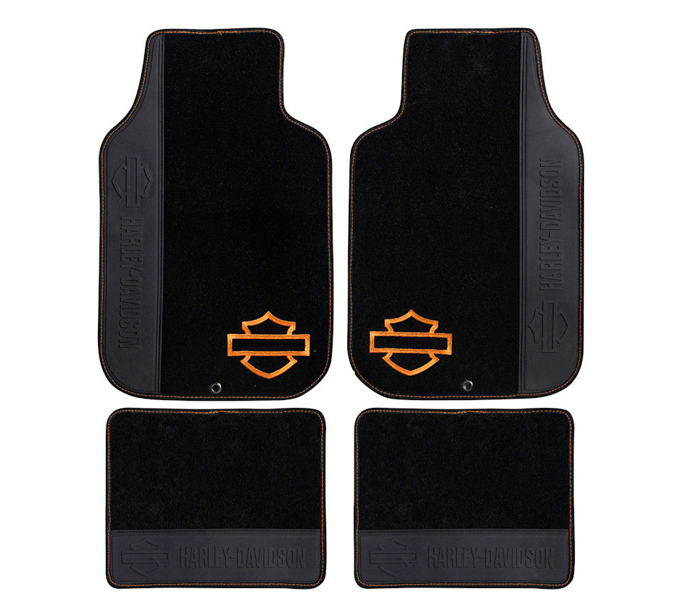 HARLEY-DAVIDSON® BLACK W/ORANGE SILHOUETTE CARPETTED  4 PIECE FLOOR MATS