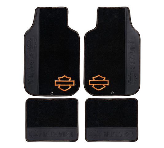 HARLEY-DAVIDSON® BLACK W/ORANGE SILHOUETTE CARPETTED  4 PIECE FLOOR MATS