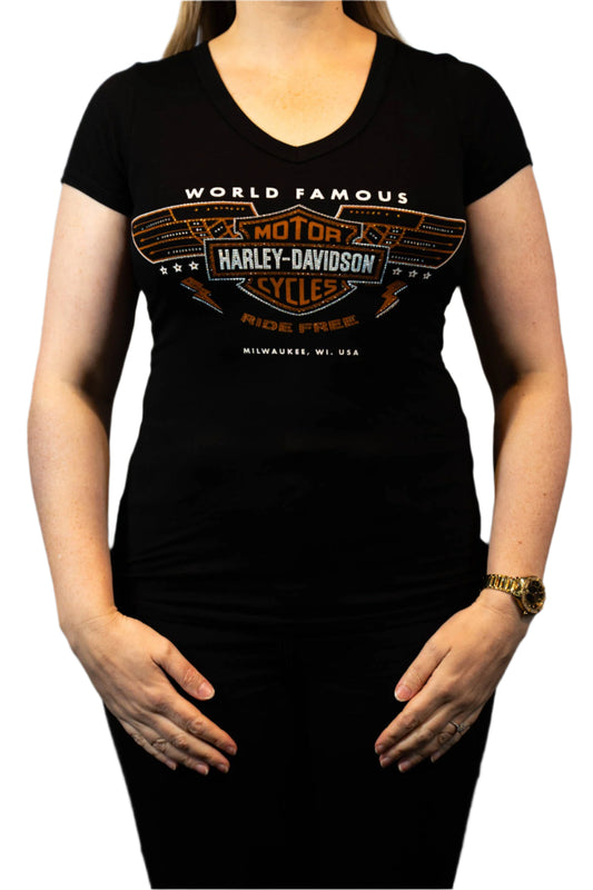 HARLEY-DAVIDSON® WOMENS WORLD FAMOUS SHORT SLEEVE V-NECK TOP
