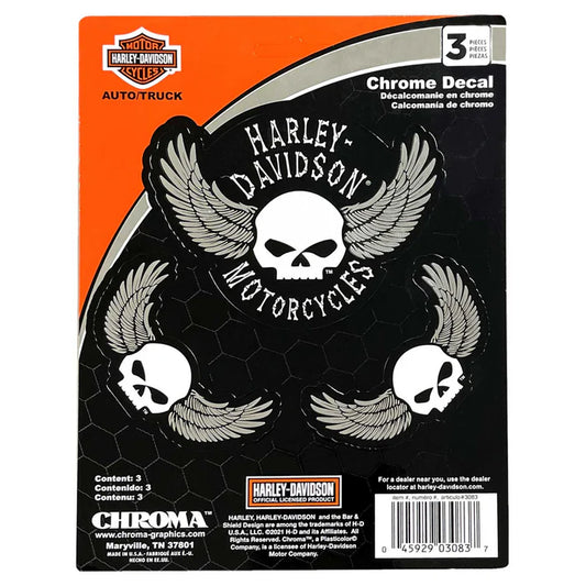 HARLEY-DAVIDSON® EMBOSSED WINGED SKULLS CHROME DECALS (3PK)