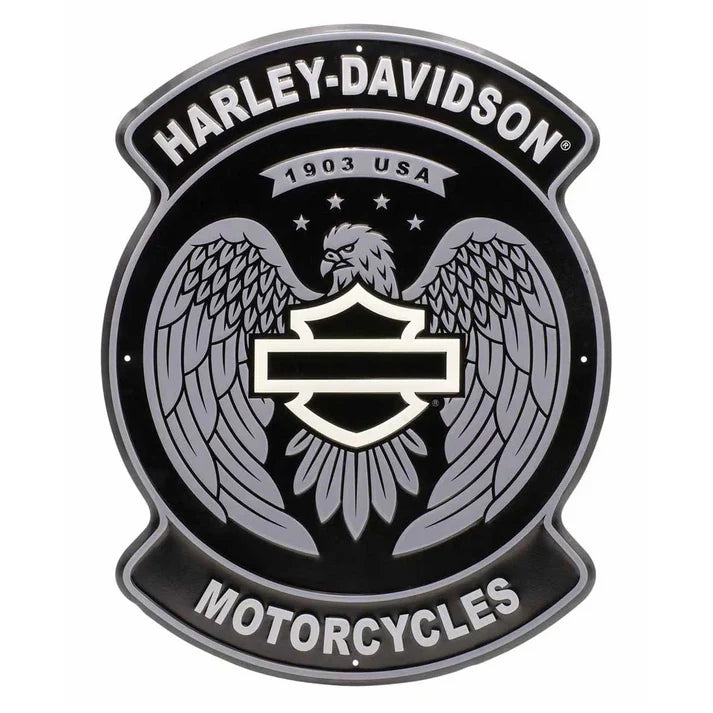 HARLEY-DAVIDSON® EMBOSSED TIN SIGN - OPEN BAR & SHIELD EAGLE